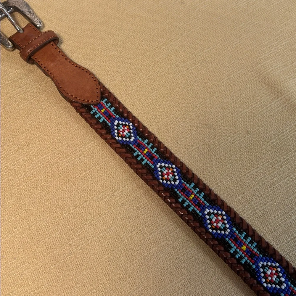 Vintage 90s Eddie Bauer Beaded Western Brown Leather Belt Size 28
